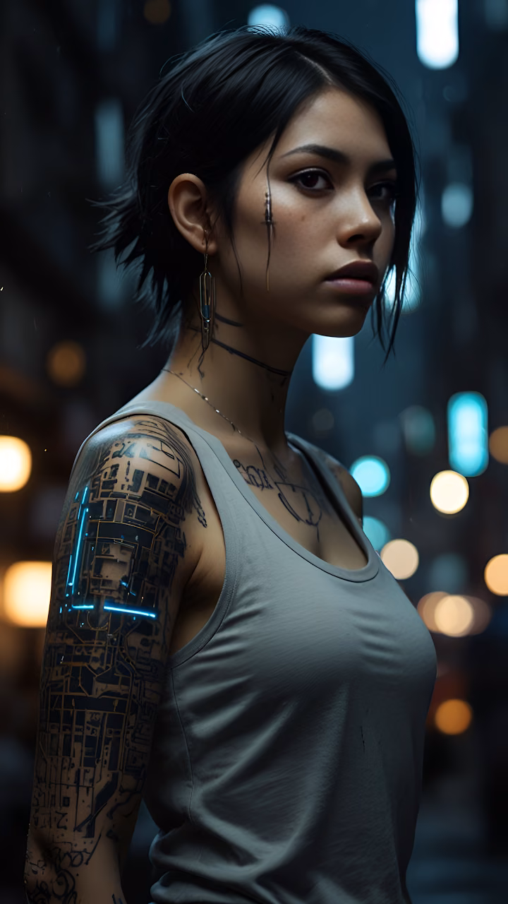 Cyberpunk Woman Portrait Glowing Circuit Tattoos Urban Night - Free Mobile AMOLED Wallpaper Background