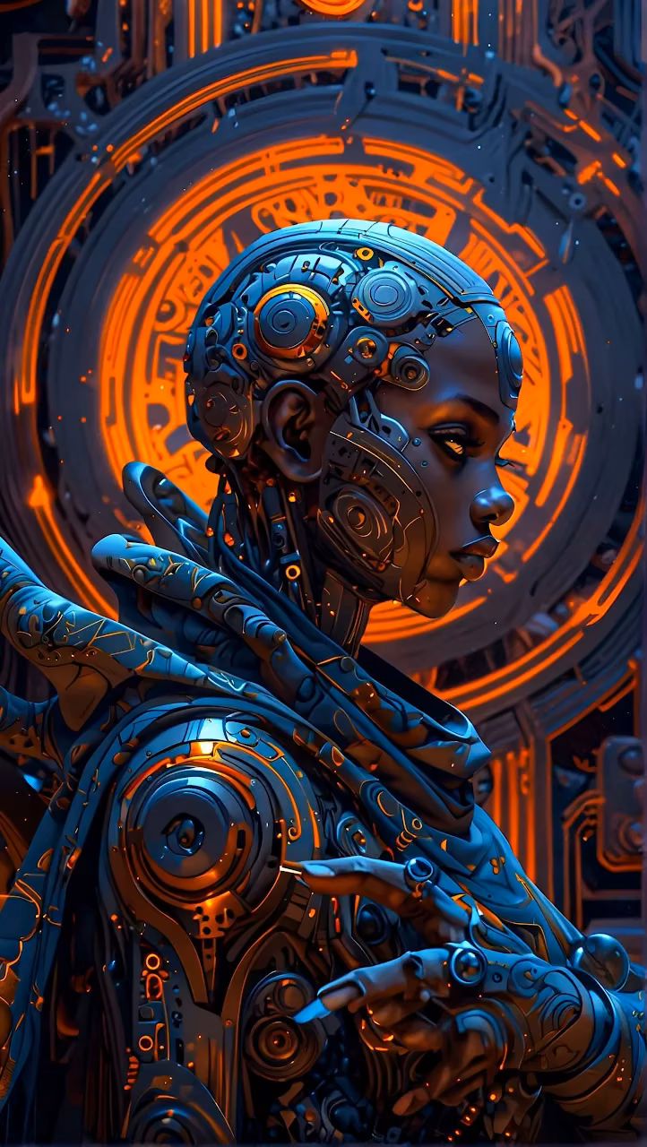 Download Cyberpunk Woman Portrait Neon Orange Blue Mech Art Wallpaper in Mobile HD Cyberpunk Woman Portrait Neon Orange Blue Mech Art - Free Mobile AMOLED Wallpaper Background