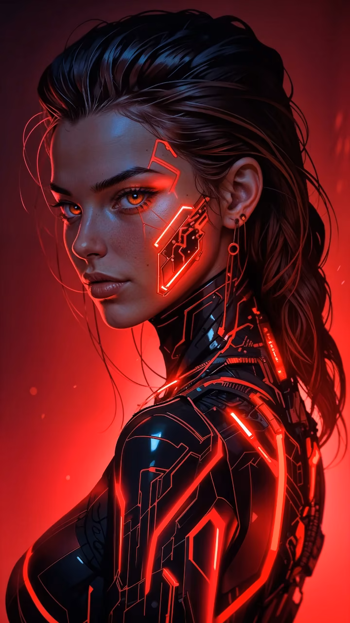 Cyberpunk Woman with Red Glowing Circuitry - Free Mobile AMOLED Wallpaper Background