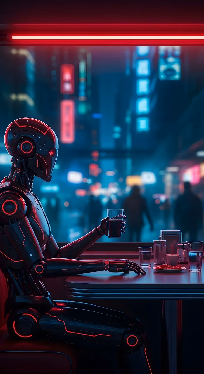 Cyborg Drinking in a Neon-Lit Futuristic Diner - Free Mobile AMOLED Wallpaper Background