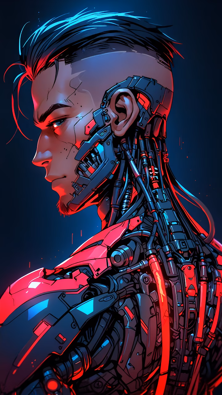 Cyborg Man with Exposed Mechanical Neck and Red Glow - Free Mobile AMOLED Wallpaper Background