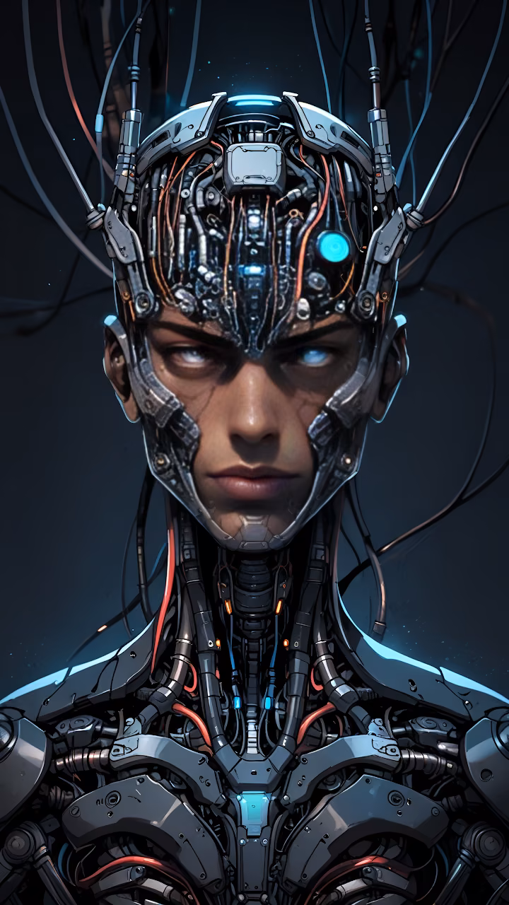 Download Cyborg Man Portrait with Exposed Wires and Blue Eyes Wallpaper in Mobile HD Cyborg Man Portrait with Exposed Wires and Blue Eyes - Free Mobile AMOLED Wallpaper Background