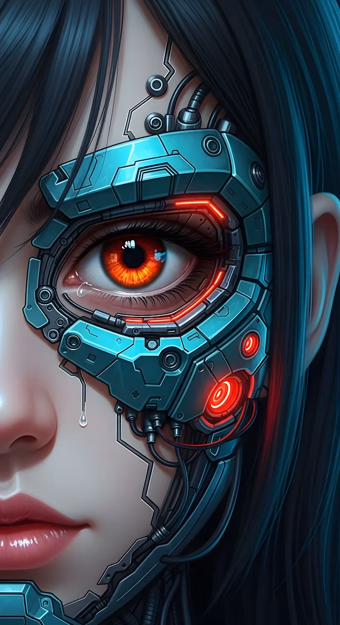 Cyborg Woman Face Close Up Mechanical Eye Tear - Free Mobile AMOLED Wallpaper Background