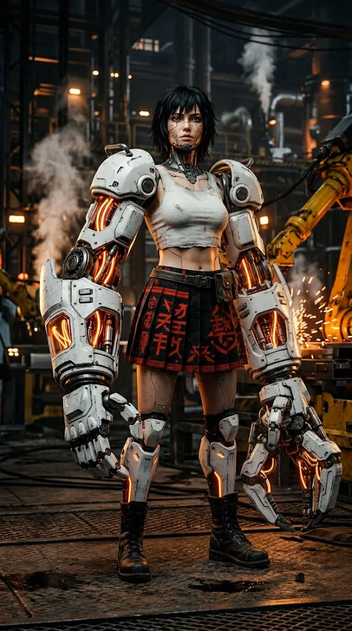 Cyborg Woman with Industrial Robotic Arms in High-Tech Factory - Free Mobile AMOLED Wallpaper Background