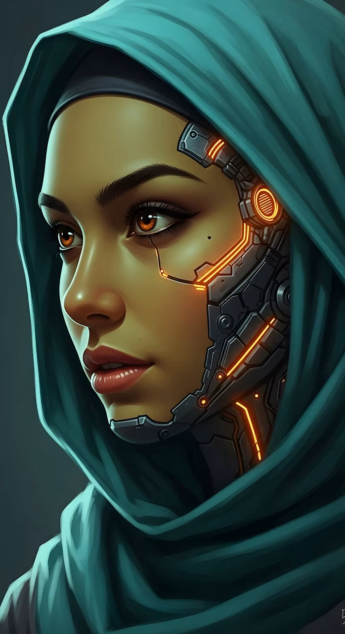 Cyborg Woman in Teal Hijab with Glowing Cybernetics - Free Mobile AMOLED Wallpaper Background