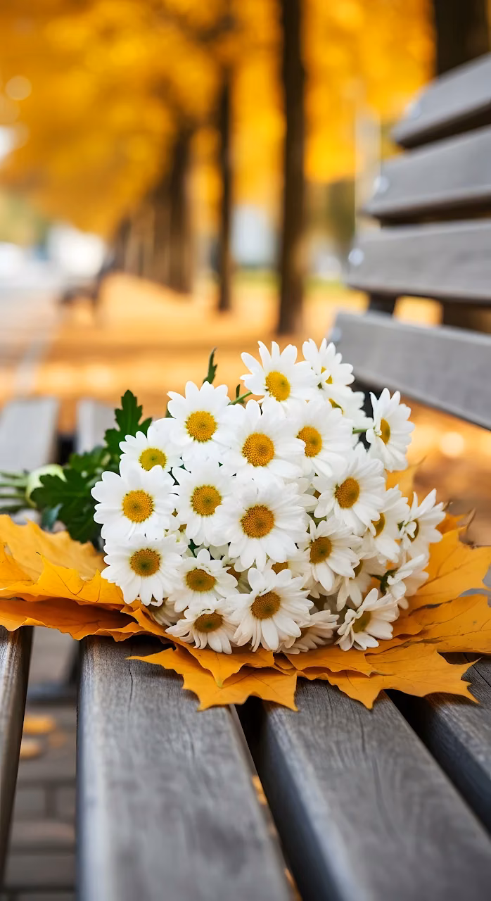 Daisies Bouquet Autumn Maple Leaves Park Bench - Free Mobile AMOLED Wallpaper Background