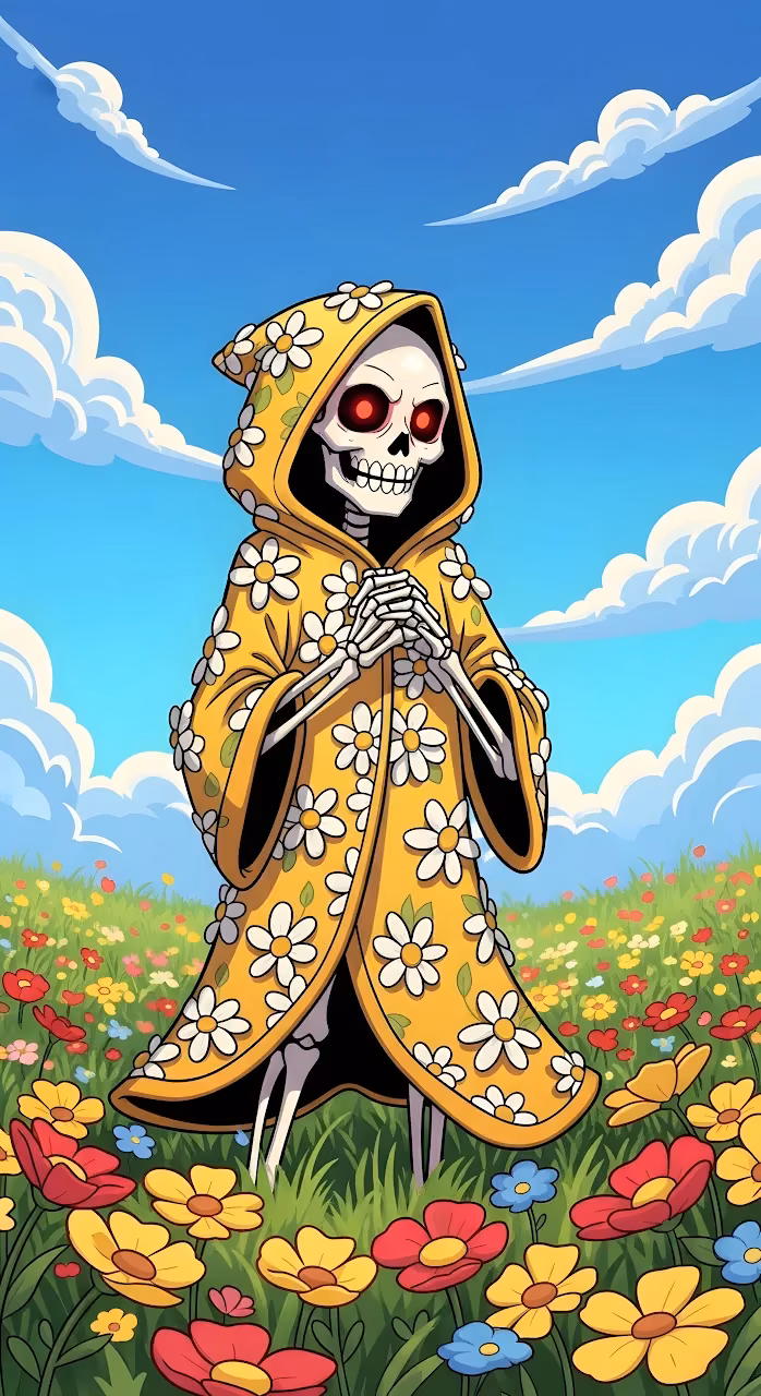 Daisy Covered Skeleton in Flower Field Cartoon - Free Mobile AMOLED Wallpaper Background