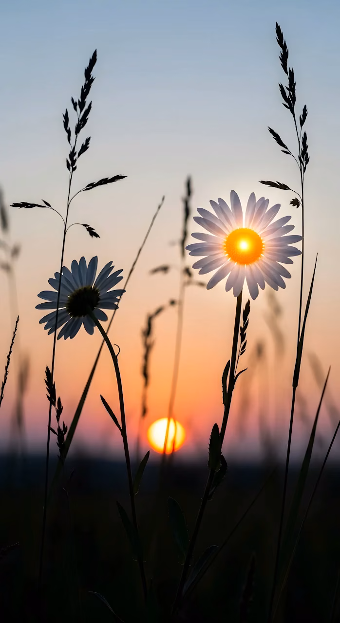 Daisy Silhouette at Sunset with Glowing Floral Center - Free Mobile AMOLED Wallpaper Background