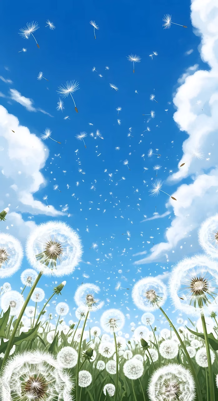 Dandelion Seeds Floating Against Bright Blue Sky - Free Mobile AMOLED Wallpaper Background