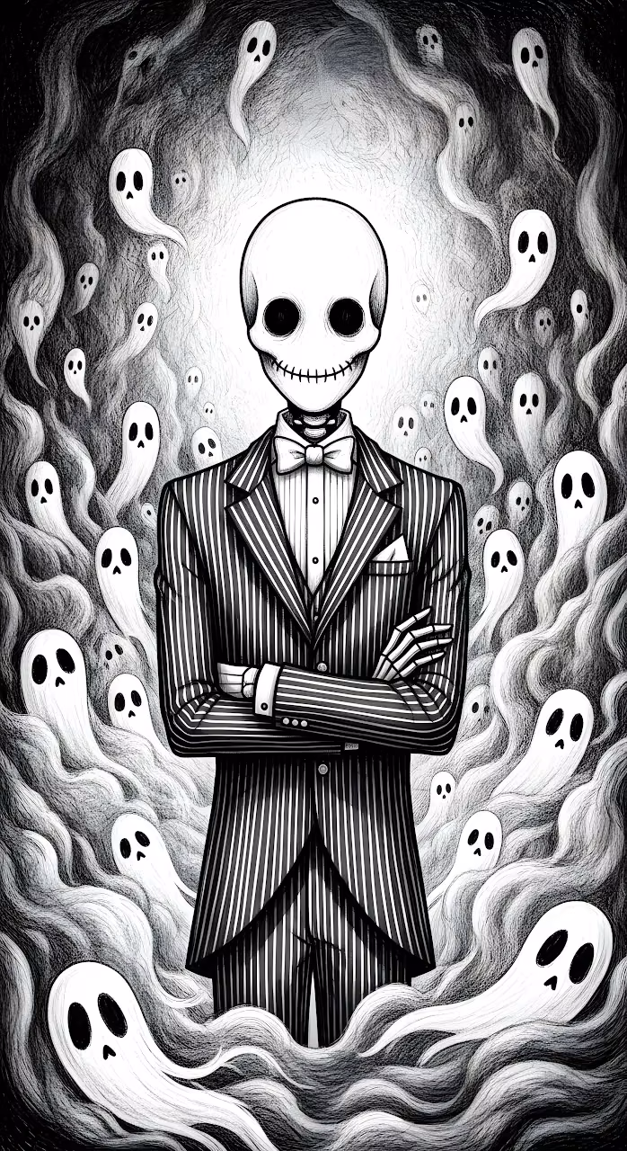 Download Dapper Skeleton in Pinstripe Suit Surrounded by Ghosts Wallpaper in Mobile HD Dapper Skeleton in Pinstripe Suit Surrounded by Ghosts - Free Mobile AMOLED Wallpaper Background