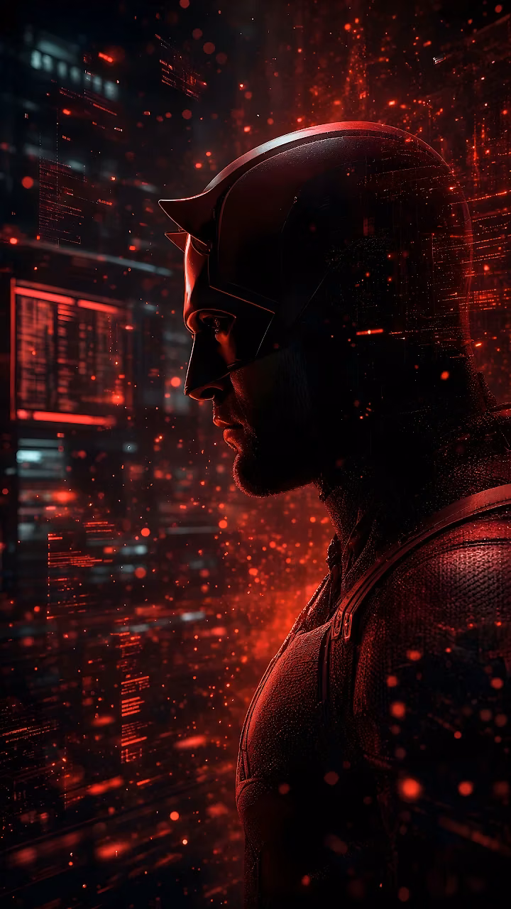 Download Daredevil Digital Red Interface Profile HD Wallpaper in Mobile HD Profile view of Daredevil wearing a red armored cowl and suit amidst red floating digital particles.