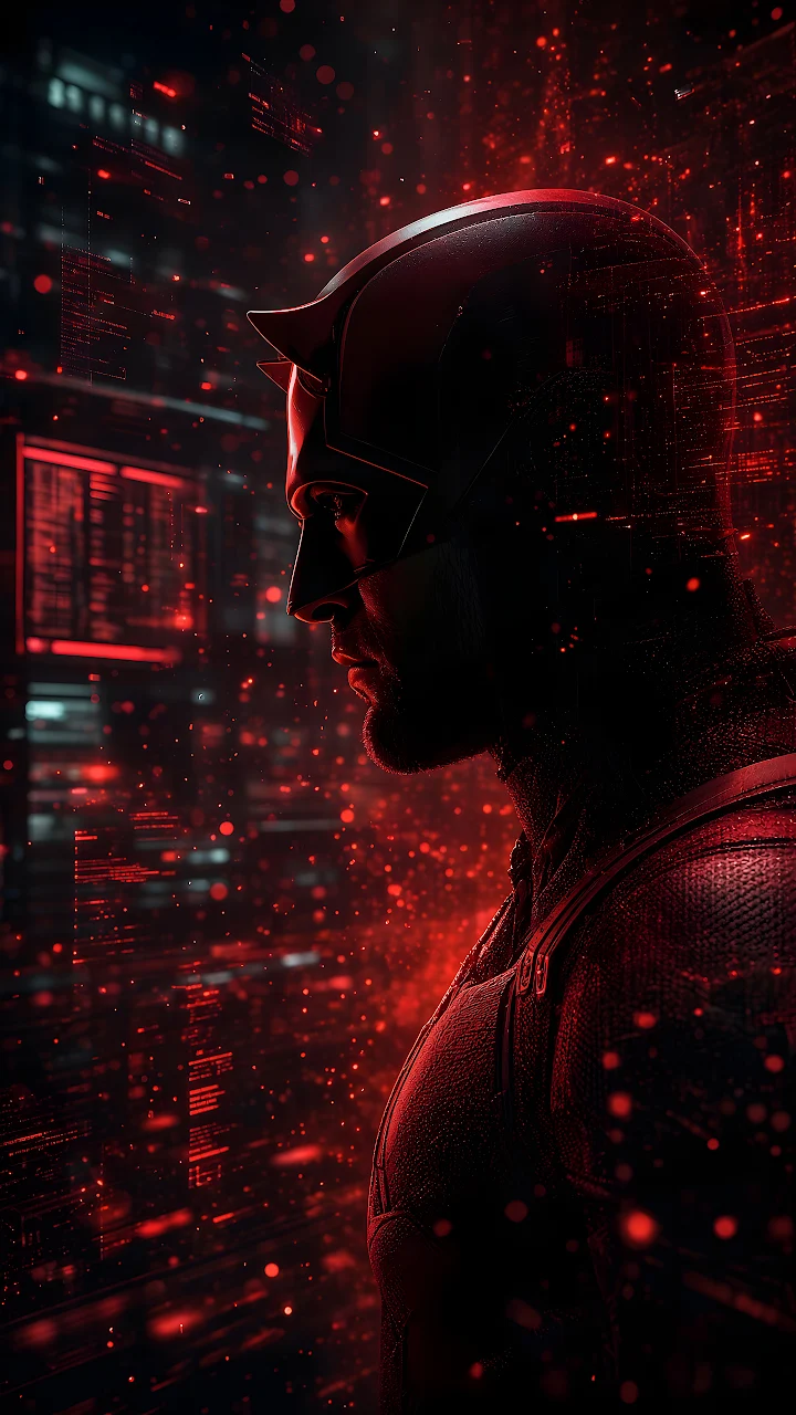 Profile view of Daredevil wearing a red armored cowl and suit amidst red floating digital particles.