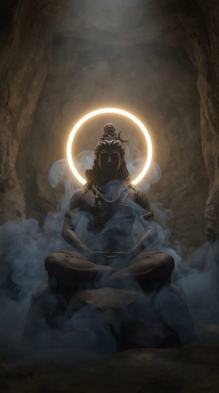 Dark 3D Illustration of Lord Shiva Meditating with Glowing Halo and Smoke - Free Mobile AMOLED Wallpaper Background