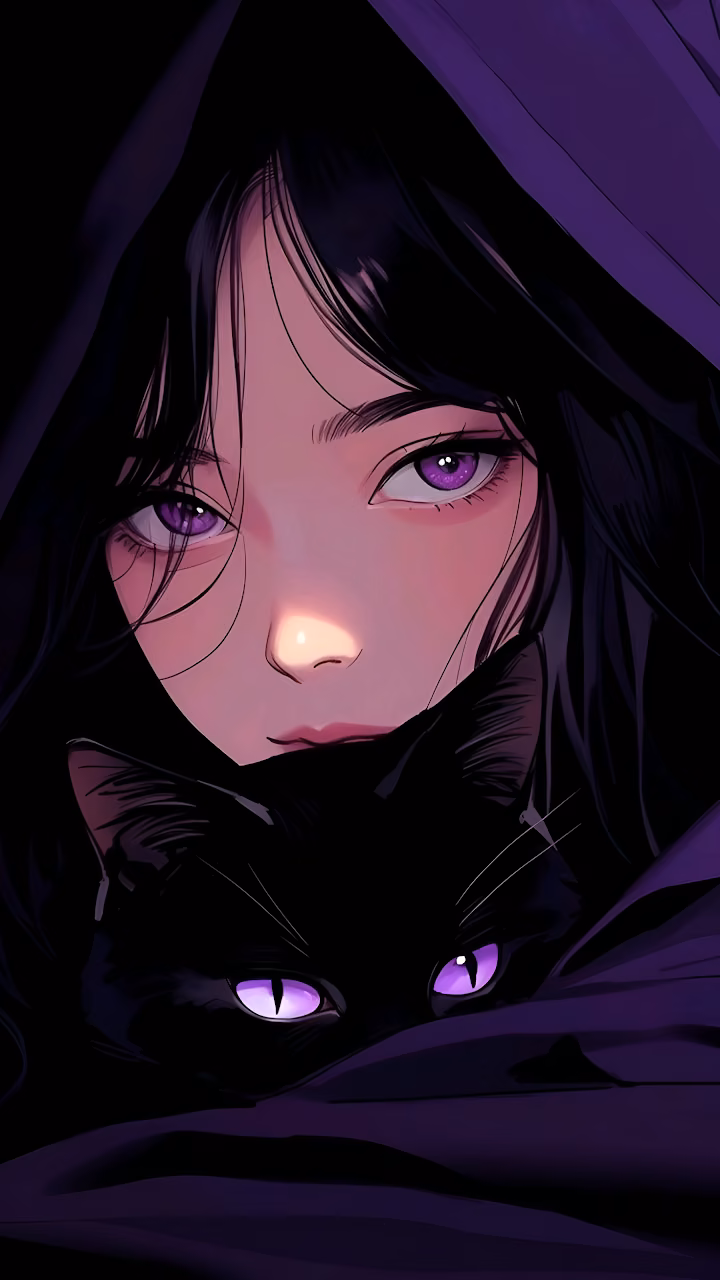 Dark Anime Portrait: Girl and Cat with Intense Purple Eyes - Free Mobile AMOLED Wallpaper Background
