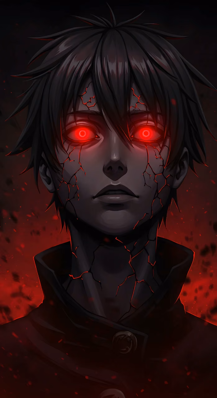 Download Dark Anime Portrait with Glowing Red Eyes and Cracked Skin Wallpaper in Mobile HD Dark Anime Portrait with Glowing Red Eyes and Cracked Skin - Free Mobile AMOLED Wallpaper Background