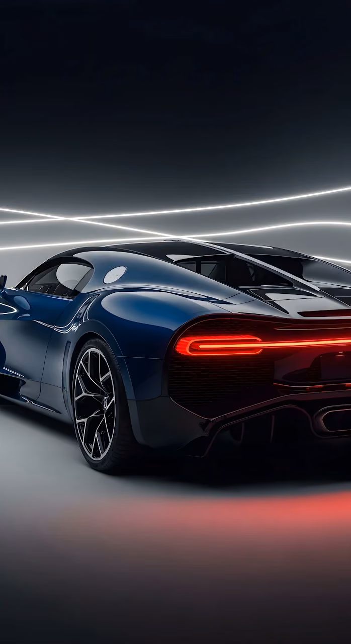 Dark Blue Bugatti Chiron Hypercar Rear View in Studio - Free Mobile AMOLED Wallpaper Background