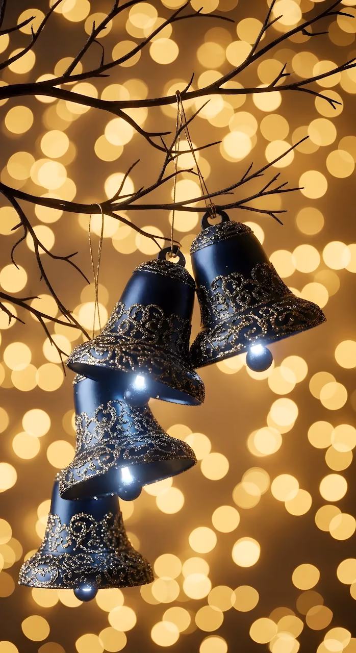 Dark Blue Christmas Bells with Gold Glitter on Bokeh Background - Free Mobile AMOLED Wallpaper Background