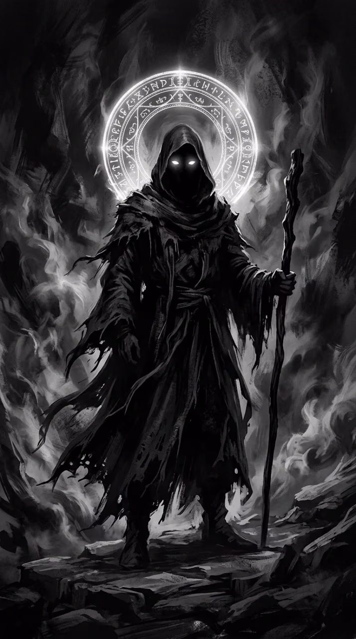 Download Dark Cloaked Shadow Figure with Glowing Celestial Halo Wallpaper in Mobile HD Dark Cloaked Shadow Figure with Glowing Celestial Halo - Free Mobile AMOLED Wallpaper Background