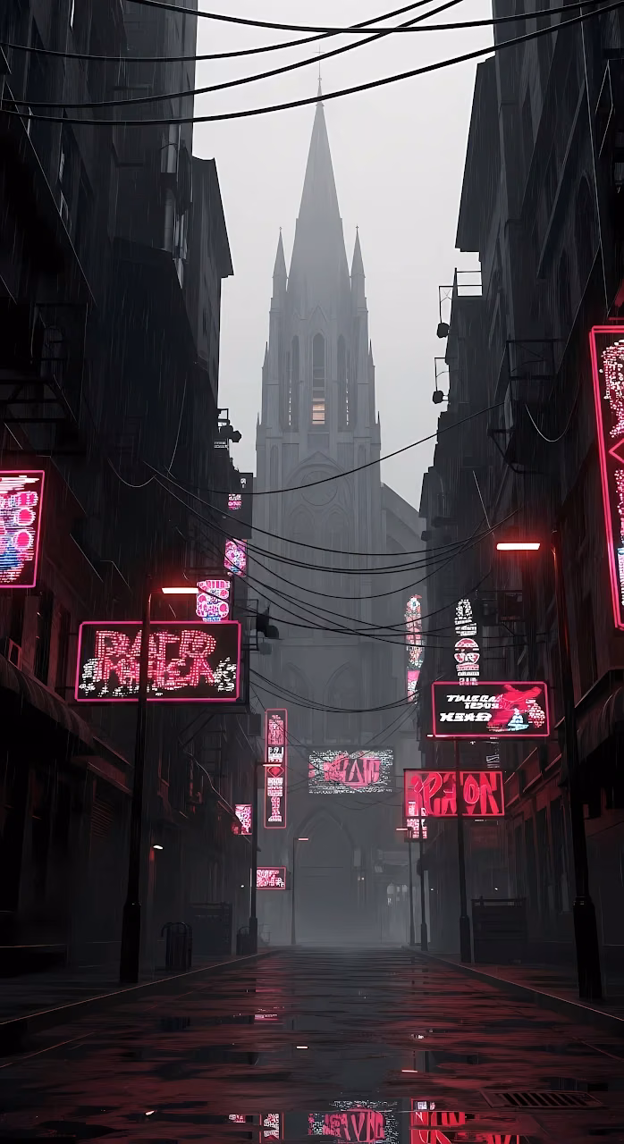 Download Dark Cyberpunk Alley with Pink Neon Signs and Gothic Church Wallpaper in Mobile HD Dark Cyberpunk Alley with Pink Neon Signs and Gothic Church - Free Mobile AMOLED Wallpaper Background