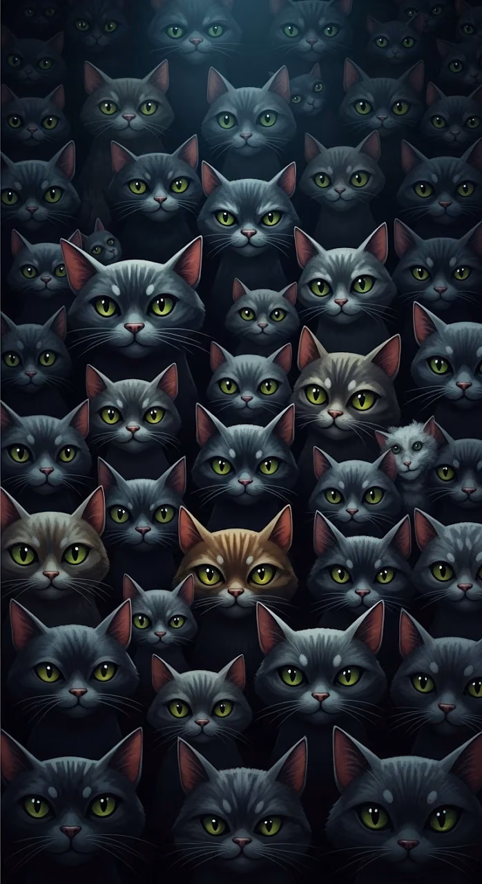 Dark and Dramatic Full-Frame Crowd of Cats with Intense Staring Eyes - Free Mobile AMOLED Wallpaper Background