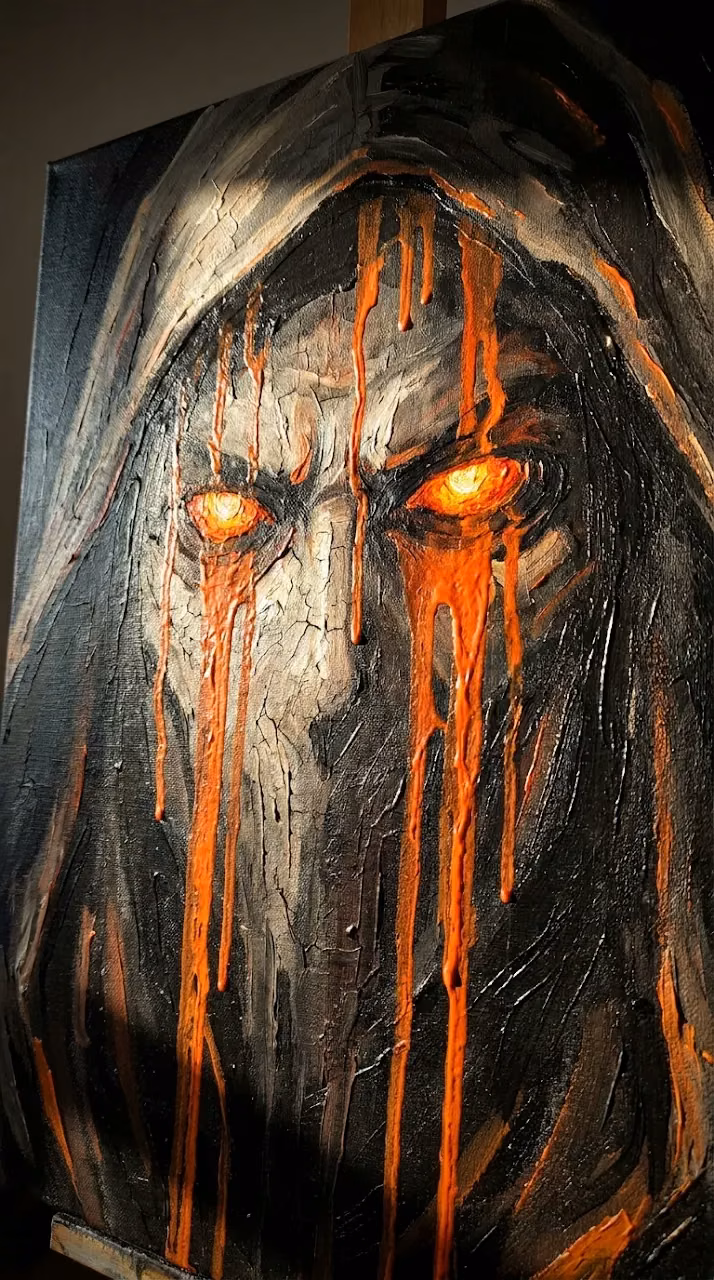 Dark Face with Glowing Orange Eyes and Dripping Paint Texture - Free Mobile AMOLED Wallpaper Background