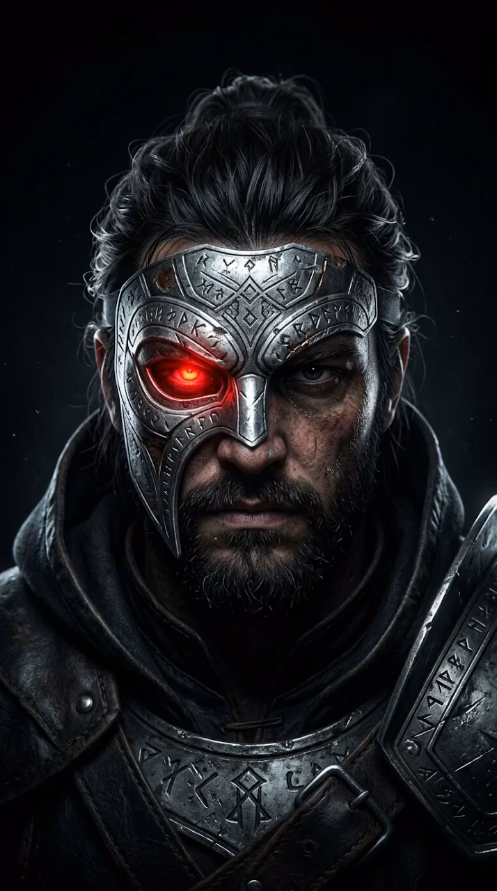 Download Dark Fantasy Portrait of a Masked Face with a Glowing Red Eye Wallpaper in Mobile HD Dark Fantasy Portrait of a Masked Face with a Glowing Red Eye - Free Mobile AMOLED Wallpaper Background