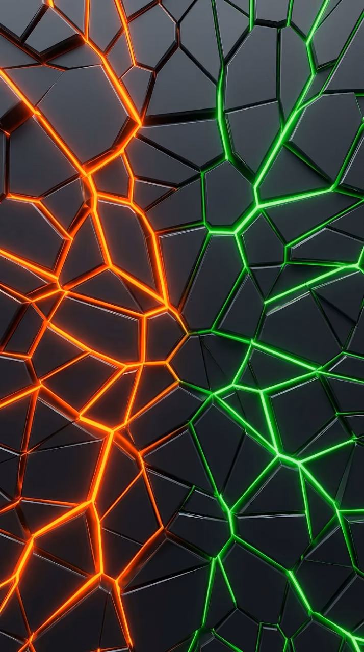 Dark Fractured Geometric Plates with Glowing Green and Orange Seams - Free Mobile AMOLED Wallpaper Background