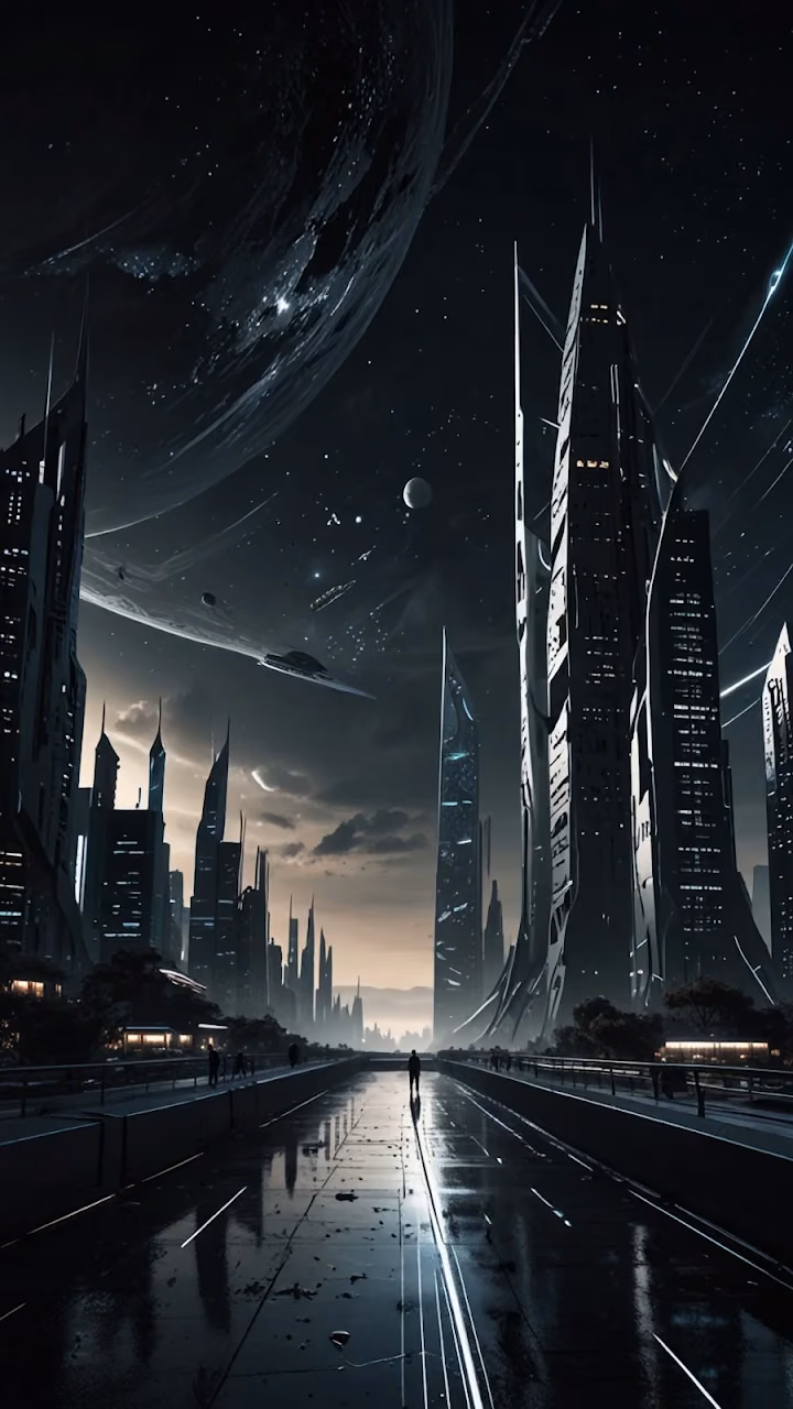 Dark Futuristic Cityscape Under Massive Ringed Alien Planet - Free 4K Desktop Wallpaper Background
