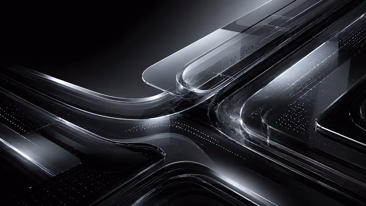 Download Dark Glass Curves Minimalist Abstract 4K Wallpaper in 4K UHD Curved layers of dark translucent glass with reflective silver highlights on a black background.