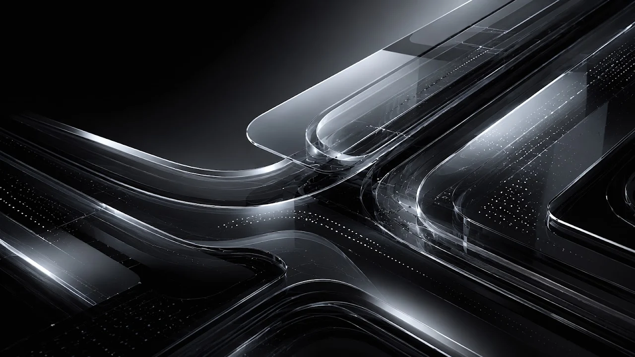 Download Dark Glass Curves Minimalist Abstract 4K Wallpaper in 4K UHD Curved layers of dark translucent glass with reflective silver highlights on a black background.