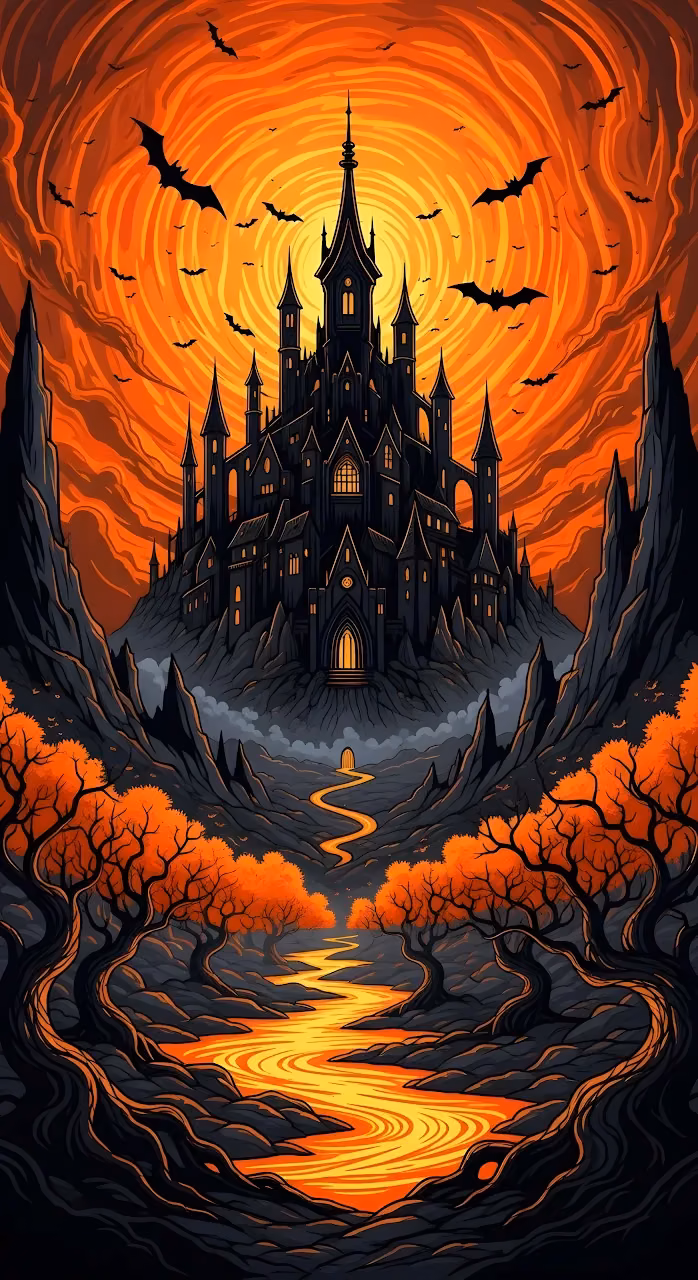 Dark Gothic Castle Against Swirling Orange Halloween Sky - Free Mobile AMOLED Wallpaper Background