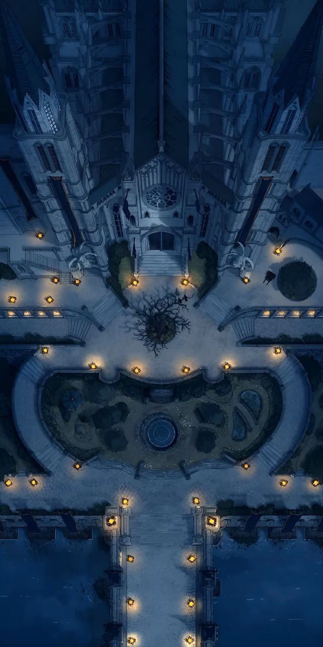 Dark Gothic Cathedral Courtyard Battle Map Overhead View - Free Mobile AMOLED Wallpaper Background