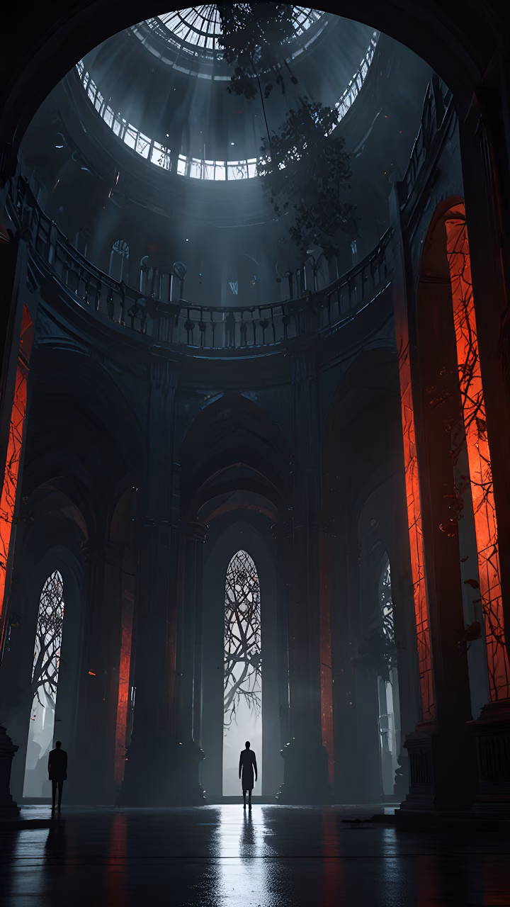 Dark Gothic Cathedral Interior Red Light Architecture - Free Mobile AMOLED Wallpaper Background