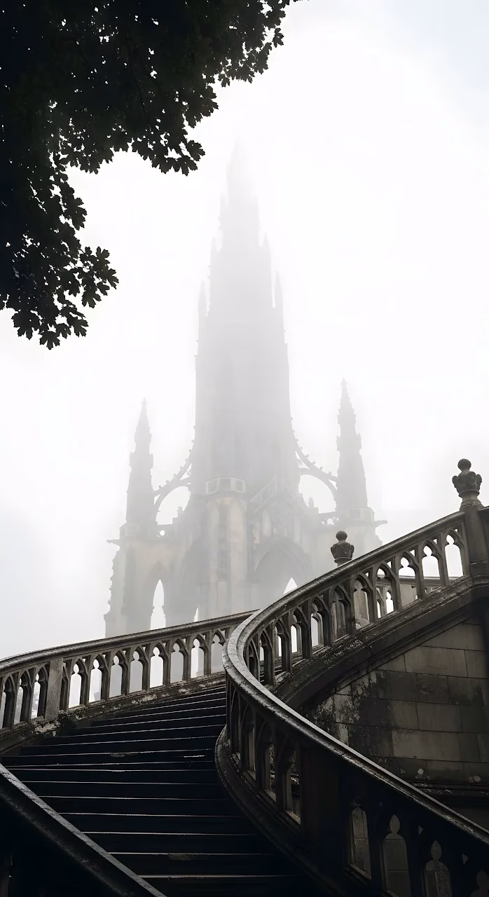 Dark Gothic Staircase Fog Shrouded Monument Tower - Free Mobile AMOLED Wallpaper Background