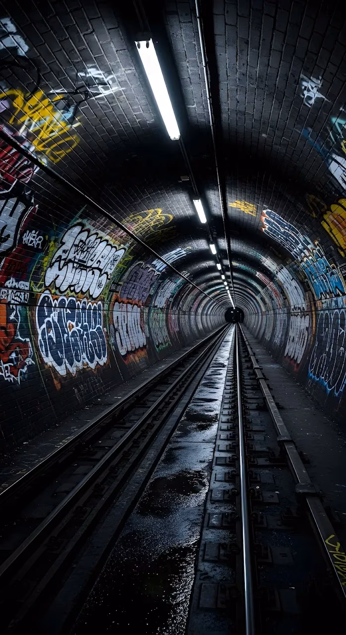 Dark Graffiti Covered Subway Tunnel and Tracks - Free Mobile AMOLED Wallpaper Background