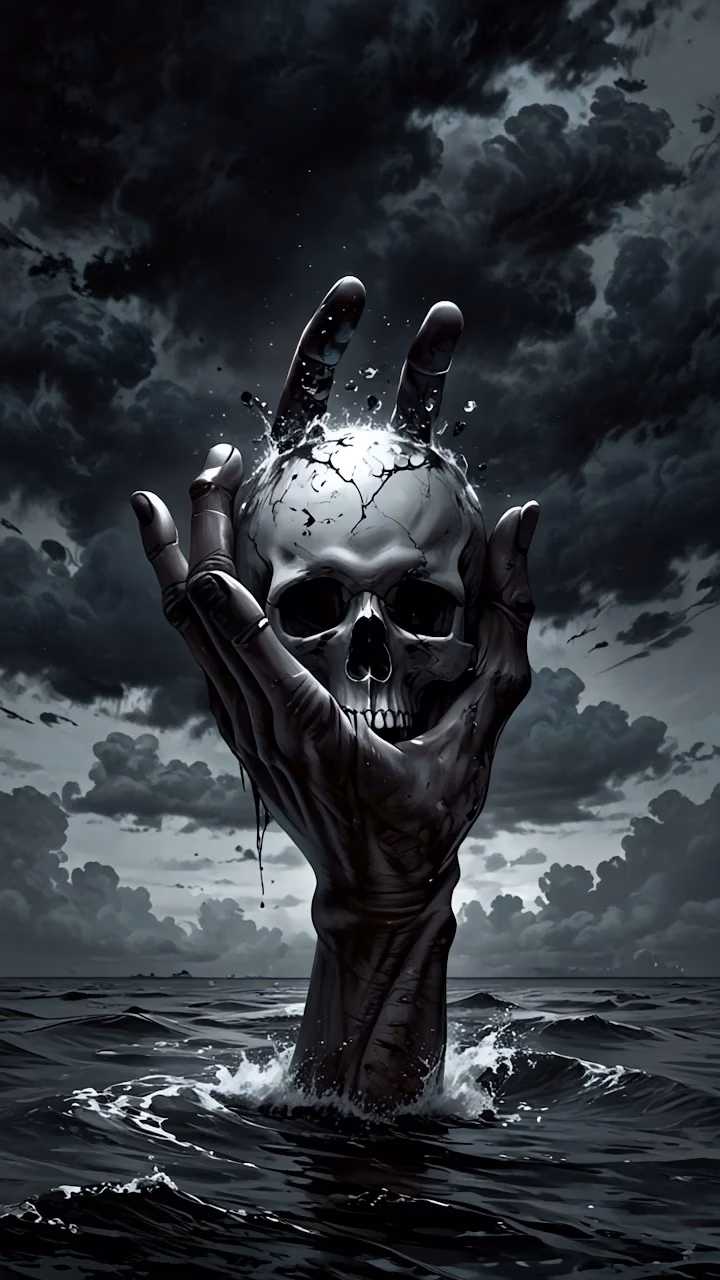 Download Dark Hand Grasping Skull Emerging from Turbulent Ocean Wallpaper in 4K UHD Dark Hand Grasping Skull Emerging from Turbulent Ocean - Free 4K Desktop Wallpaper Background