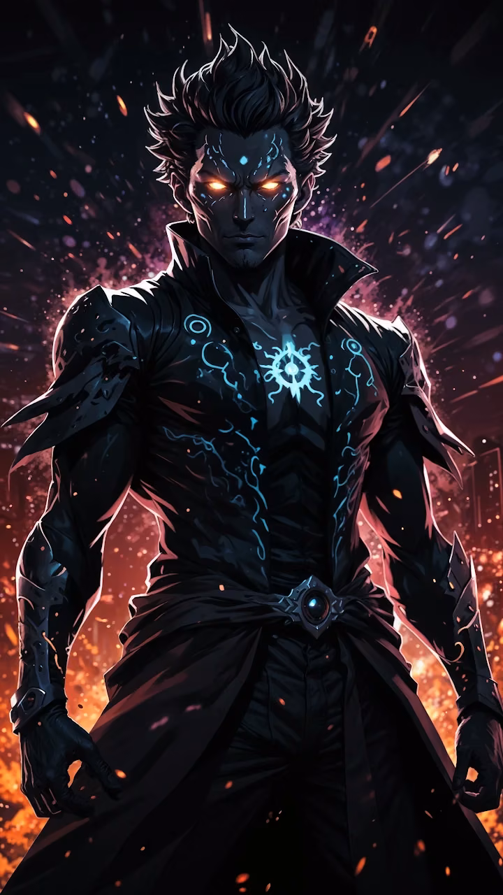 Dark Hero with Glowing Blue Symbols and Eyes - Free Mobile AMOLED Wallpaper Background