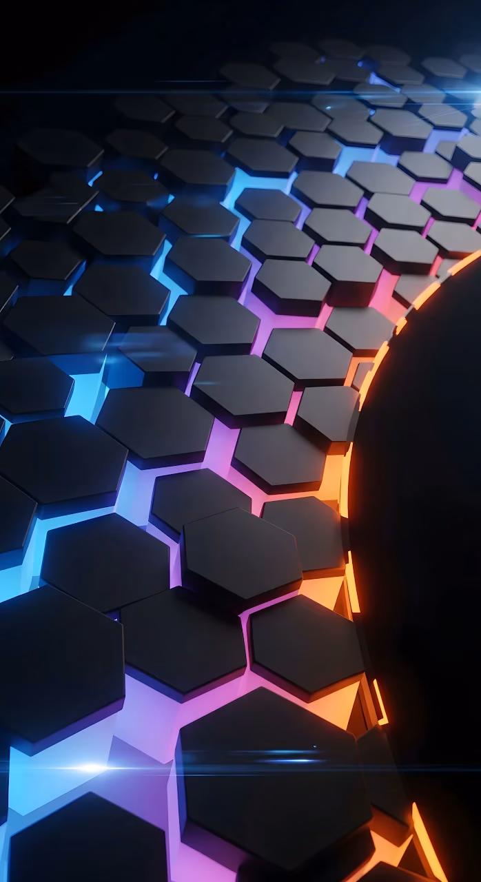 Download Dark Hexagon Grid with Neon Cyberpunk Lighting Wallpaper in Mobile HD Dark Hexagon Grid with Neon Cyberpunk Lighting - Free Mobile AMOLED Wallpaper Background