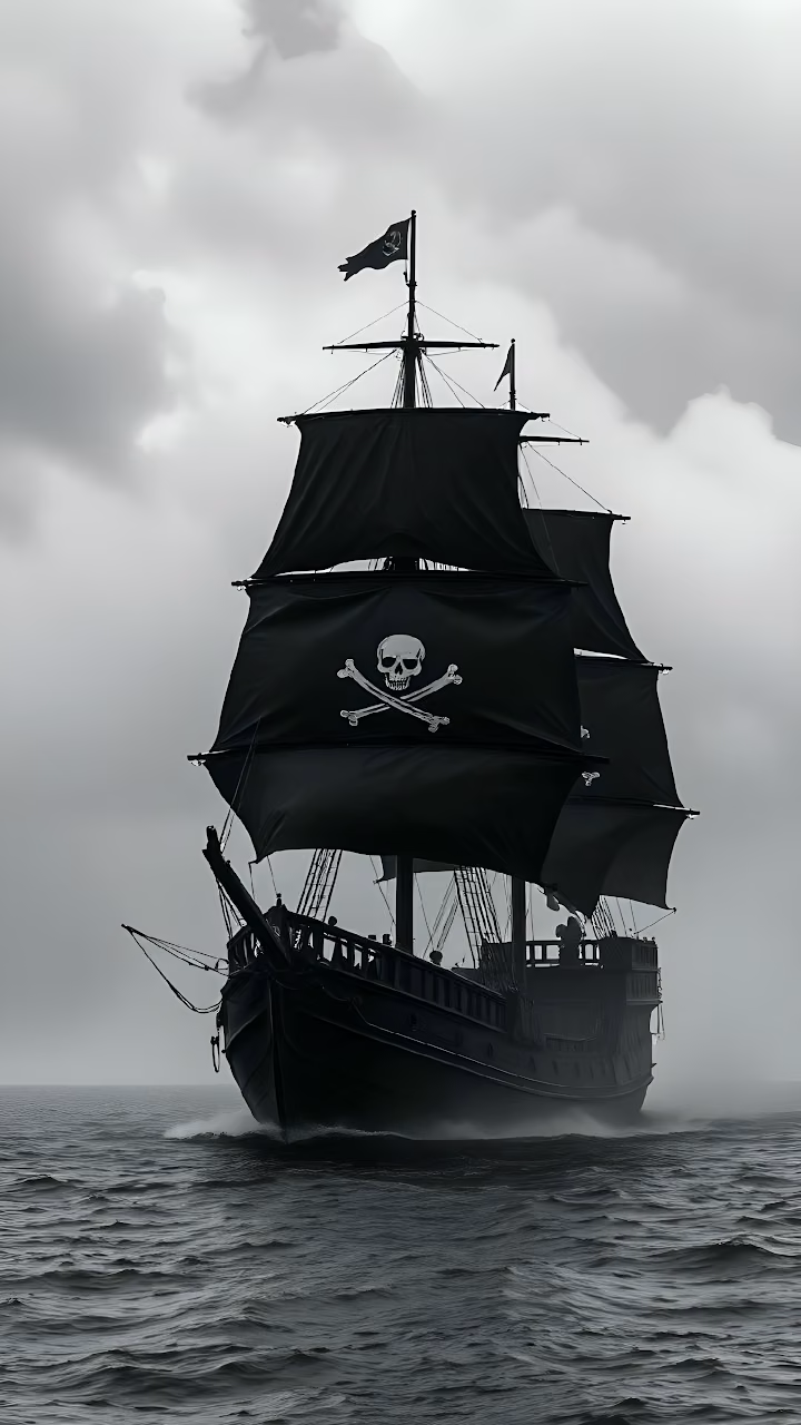 Download Dark Jolly Roger Pirate Ship Sailing Stormy Gray Ocean Wallpaper in Mobile HD Dark Jolly Roger Pirate Ship Sailing Stormy Gray Ocean - Free Mobile AMOLED Wallpaper Background