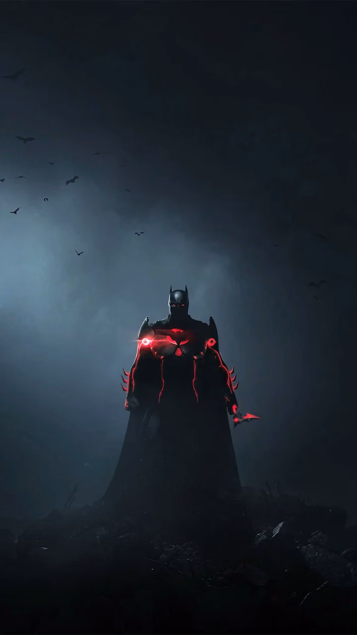 Download Dark Knight Red Glow Cinematic Superhero Art Wallpaper in Mobile HD Dark Knight Red Glow Cinematic Superhero Art - Free Mobile AMOLED Wallpaper Background