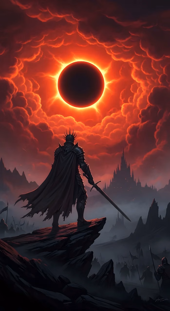 Dark Knight Under Fiery Red Solar Eclipse - Free Mobile AMOLED Wallpaper Background