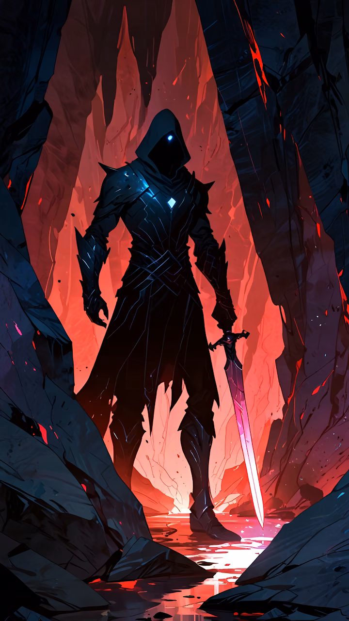 Dark Knight Warrior In Red Lava Cavern With Glowing Sword - Free Mobile AMOLED Wallpaper Background