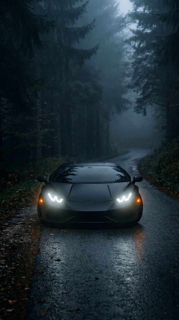 Download Dark Matte Supercar on a Foggy Forest Road at Night Wallpaper in Mobile HD Dark Matte Supercar on a Foggy Forest Road at Night - Free Mobile AMOLED Wallpaper Background