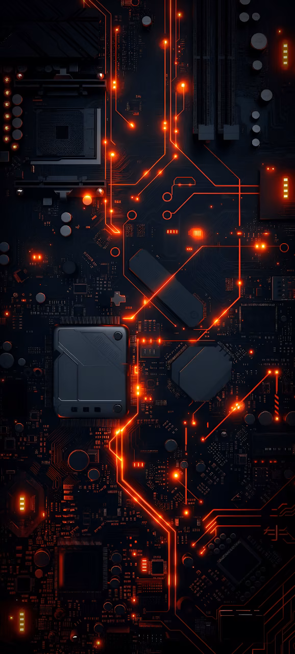 Dark Motherboard Circuitry Neon Orange Data Flow - Free Mobile AMOLED Wallpaper Background