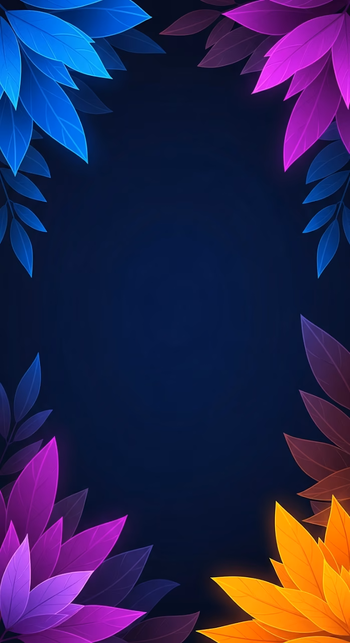 Dark Navy Abstract Background with Vibrant Neon Blue and Red Plant and Leaf Border - Free Mobile AMOLED Wallpaper Background