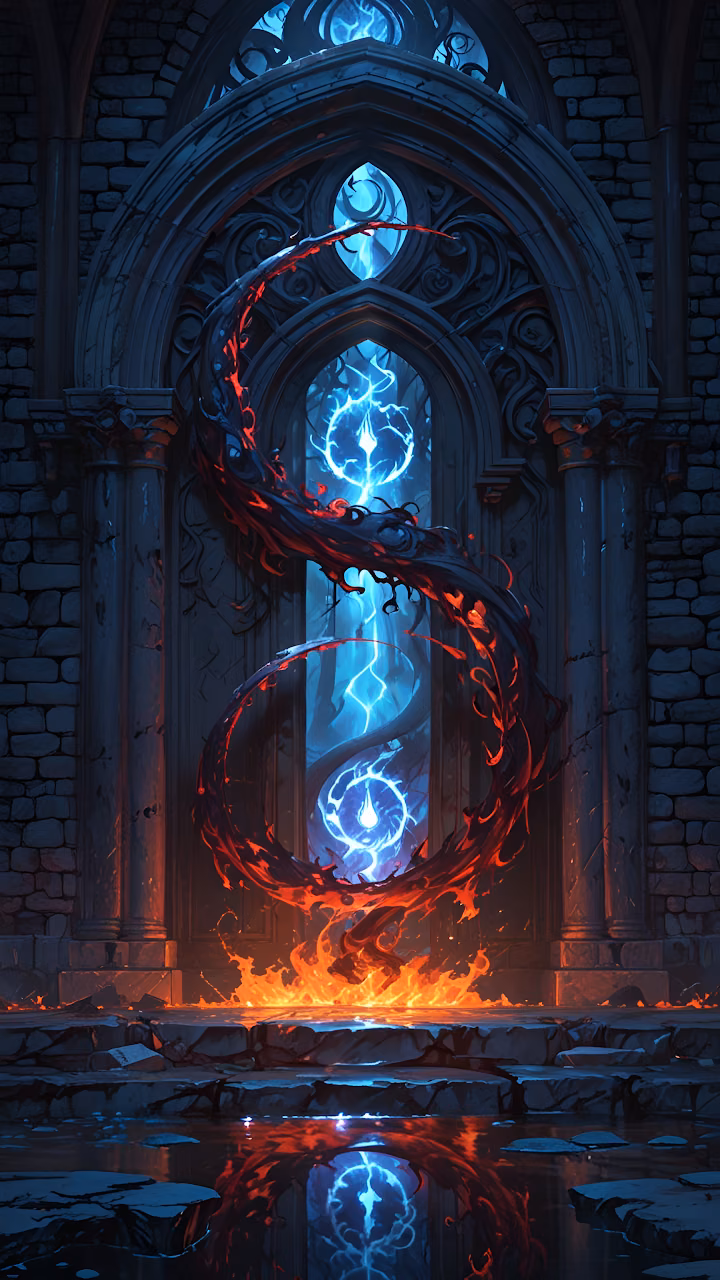 Dark Portal Magic: Fire Serpent and Blue Lightning Gate - Free Mobile AMOLED Wallpaper Background