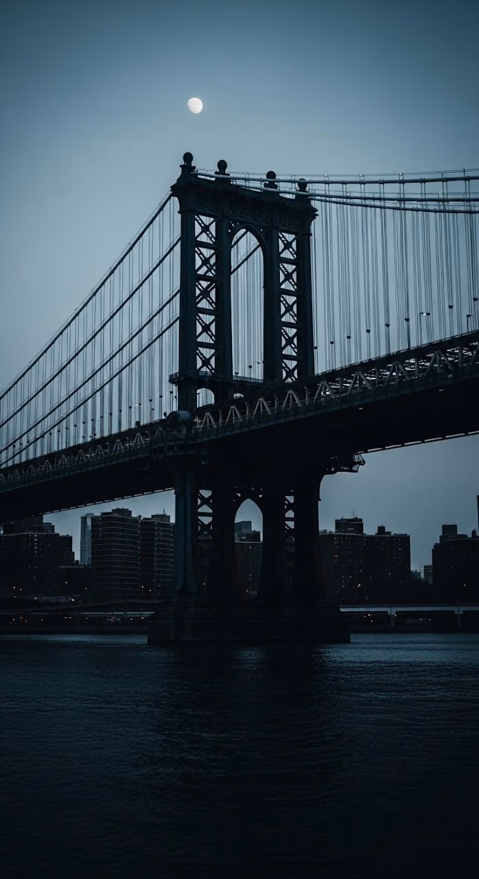 Dark Silhouette of Manhattan Bridge at Dusk with the Moon and Grain Texture - Free Mobile AMOLED Wallpaper Background