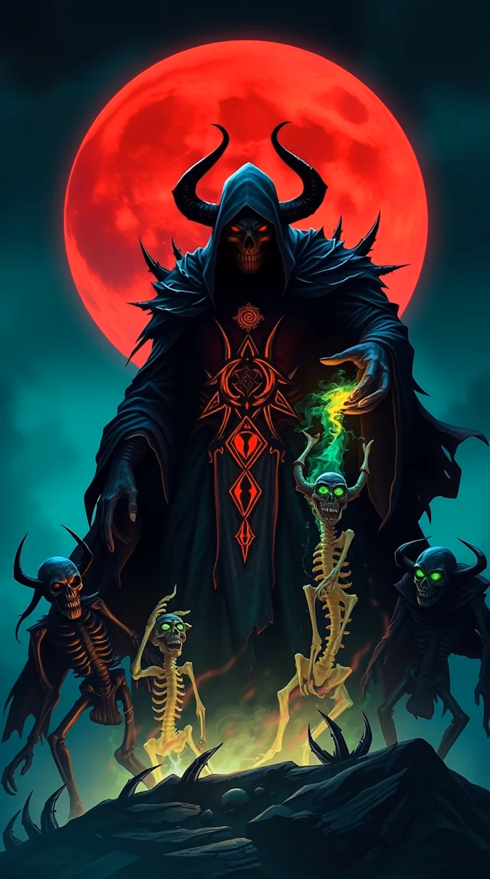 Download Dark Sorcerer Blood Moon Summoning Undead Skeletons Art Wallpaper in Mobile HD Dark Sorcerer Blood Moon Summoning Undead Skeletons Art - Free Mobile AMOLED Wallpaper Background