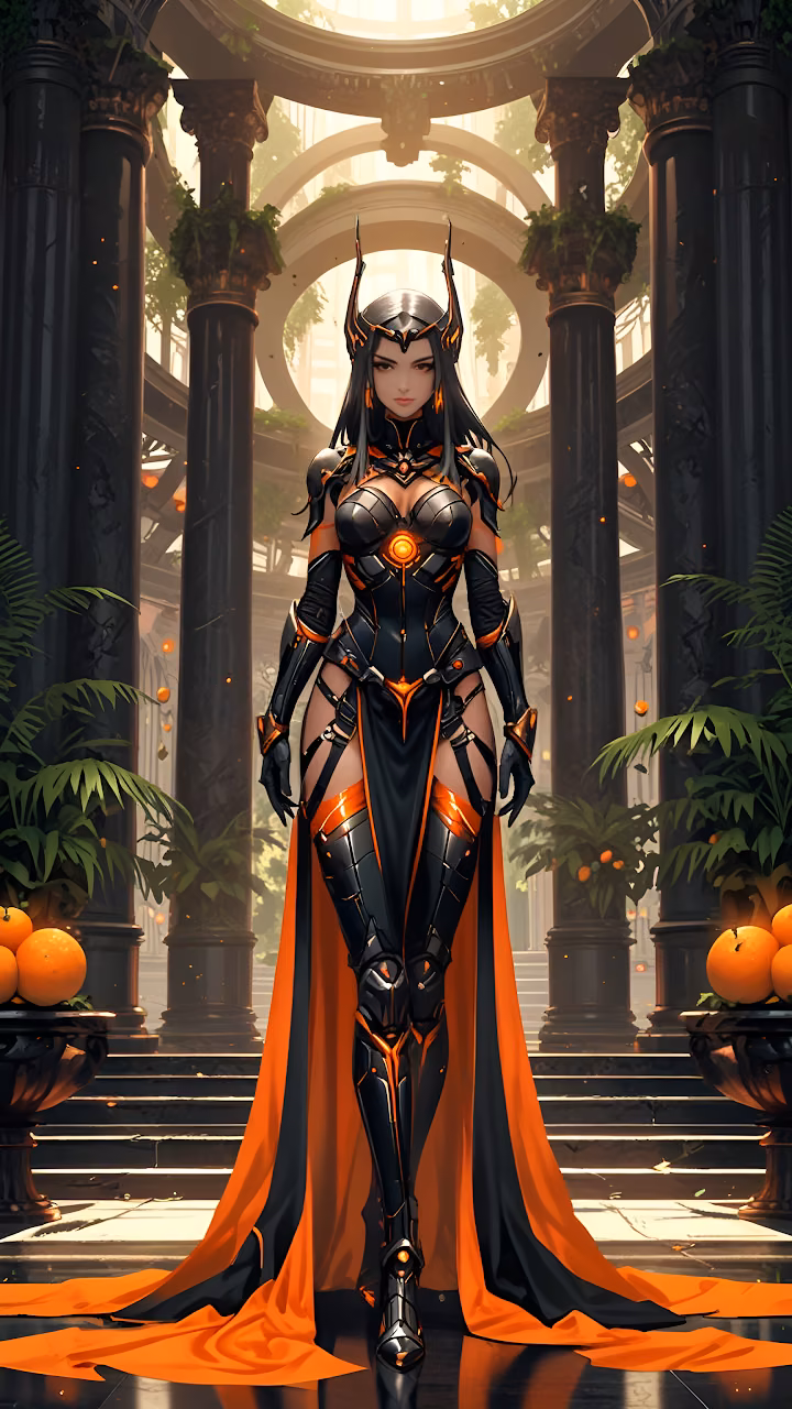 Dark Sorceress Black Orange Armor Fantasy Warrior Queen - Free Mobile AMOLED Wallpaper Background