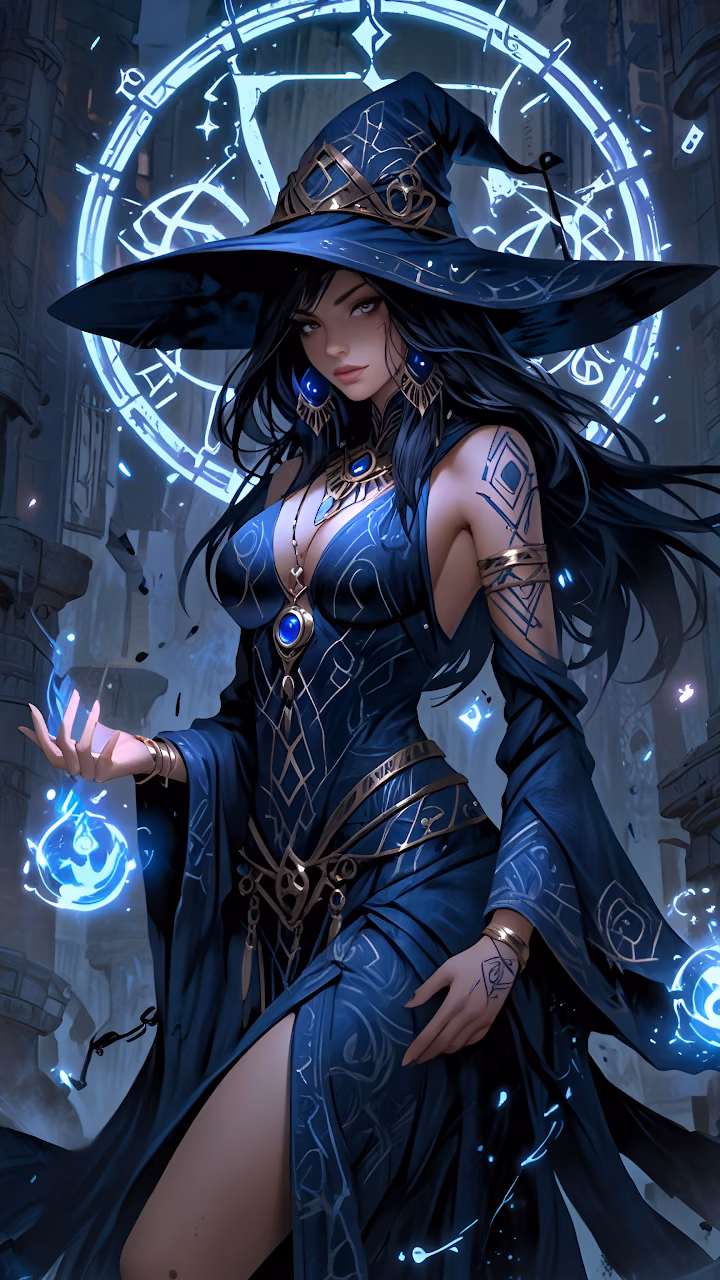 Dark Sorceress Casting Blue Magic Spell Arcane Circle - Free Mobile AMOLED Wallpaper Background